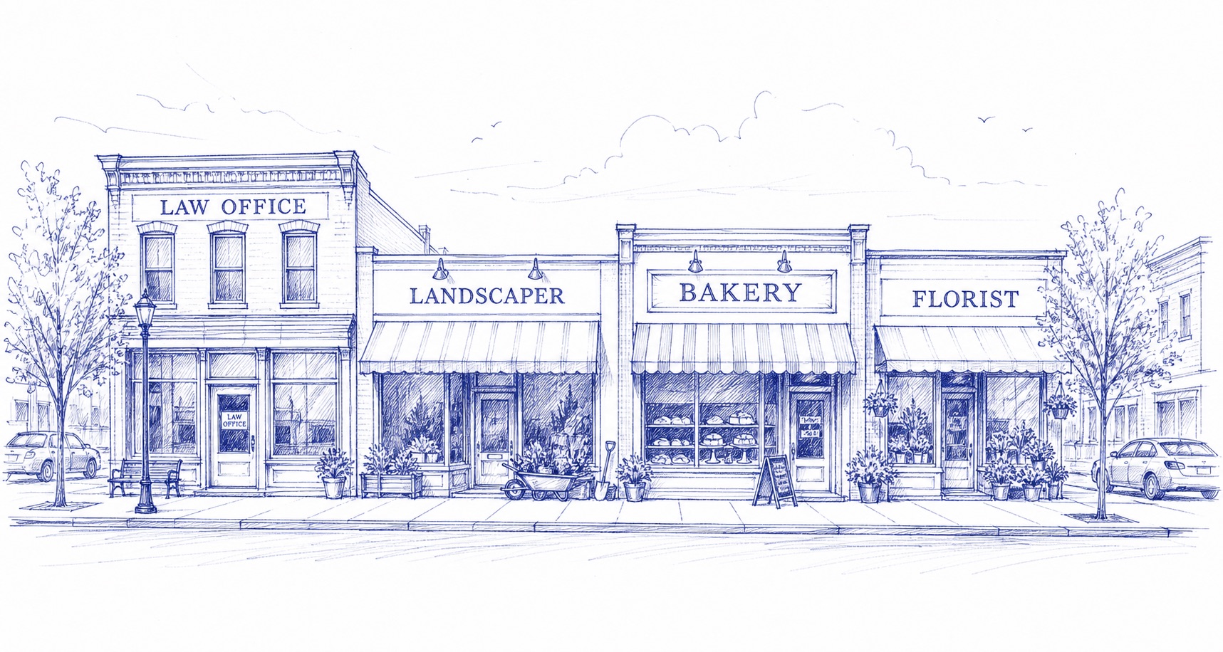 A ballpoint-pen sketch of an American small-town main street with a law office, landscaper, bakery, and florist.